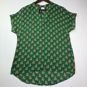 Cabi Green Floral Print Split Neck Blouse XS